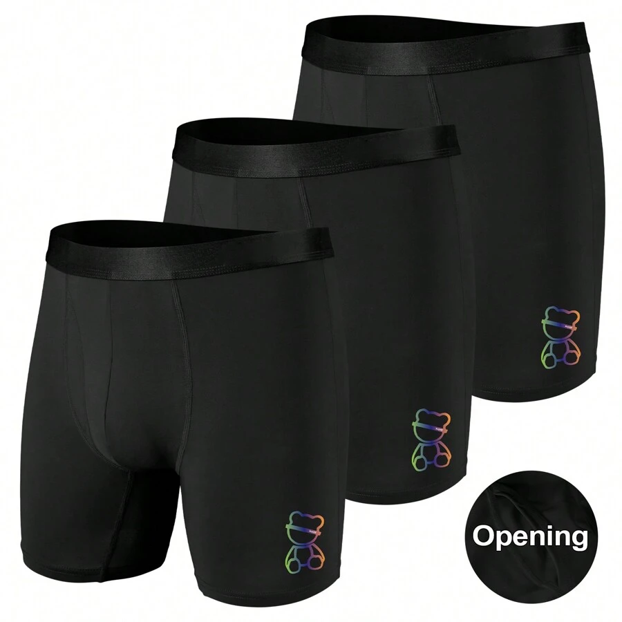 3pcs/Set Men's Bear Design Personalized Boxer Briefs - Black - View 1