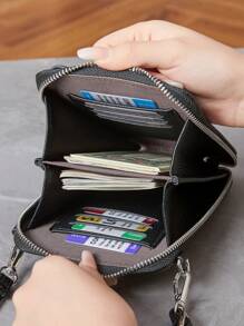 MIYIN 女款休閒 PU 拉鍊錢包手機包，極簡純色斜跨包，可調節荔枝紋壓花直立式錢包，附卡槽與前口袋，可收納信用卡/身分證/現金/手機/銀行卡，適合女性與上班族購物、旅行、通勤、辦公等場合，手機包/女款錢包手拿包 - 黑色 - 查看 5