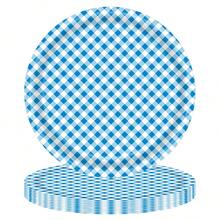 96入組藍色方格派對一次性餐具套裝,包括7吋紙盤24入、9吋紙盤24入、13吋紙餐巾24入、9oz 紙杯24入 - 藍白色 - 查看 5