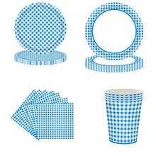 96入組藍色方格派對一次性餐具套裝,包括7吋紙盤24入、9吋紙盤24入、13吋紙餐巾24入、9oz 紙杯24入 - 藍白色 - 查看 1
