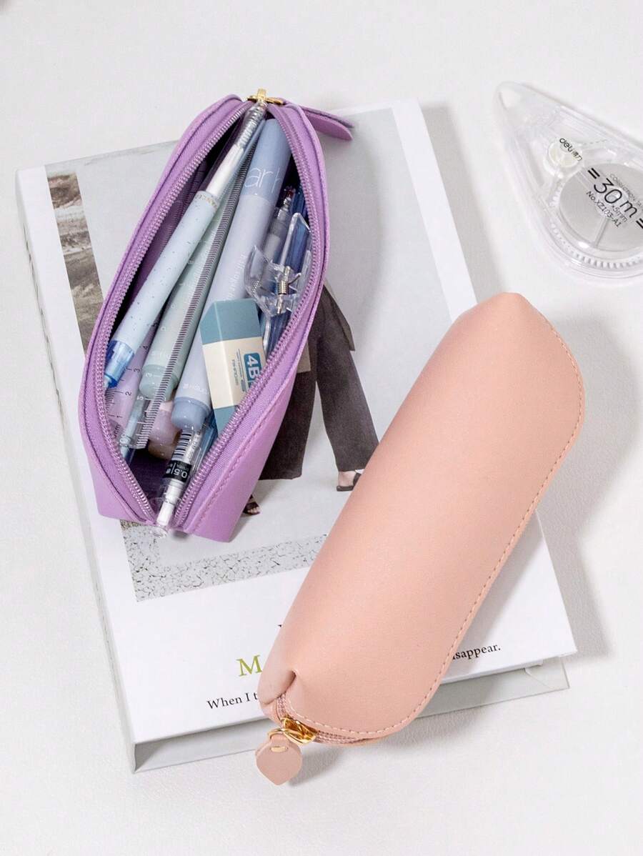 皮革拉链铅笔盒，粉色笔袋，极具吸引力的 PU 皮革笔袋，皮革笔盒 - 粉色 - 查看 1