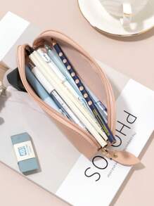 皮革拉链铅笔盒，粉色笔袋，极具吸引力的 PU 皮革笔袋，皮革笔盒 - 粉色 - 查看 2