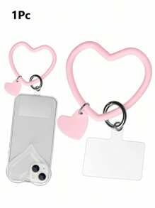 1入組心形設計手機掛繩，帶固定卡的矽膠心形手環手機吊繩，附鑰匙扣，純色柔軟矽膠手機掛繩，通用手機矽膠手環吊繩- 適用於蘋果和安卓智能手機，給朋友和父母的完美禮物 - 粉色 - 查看 1