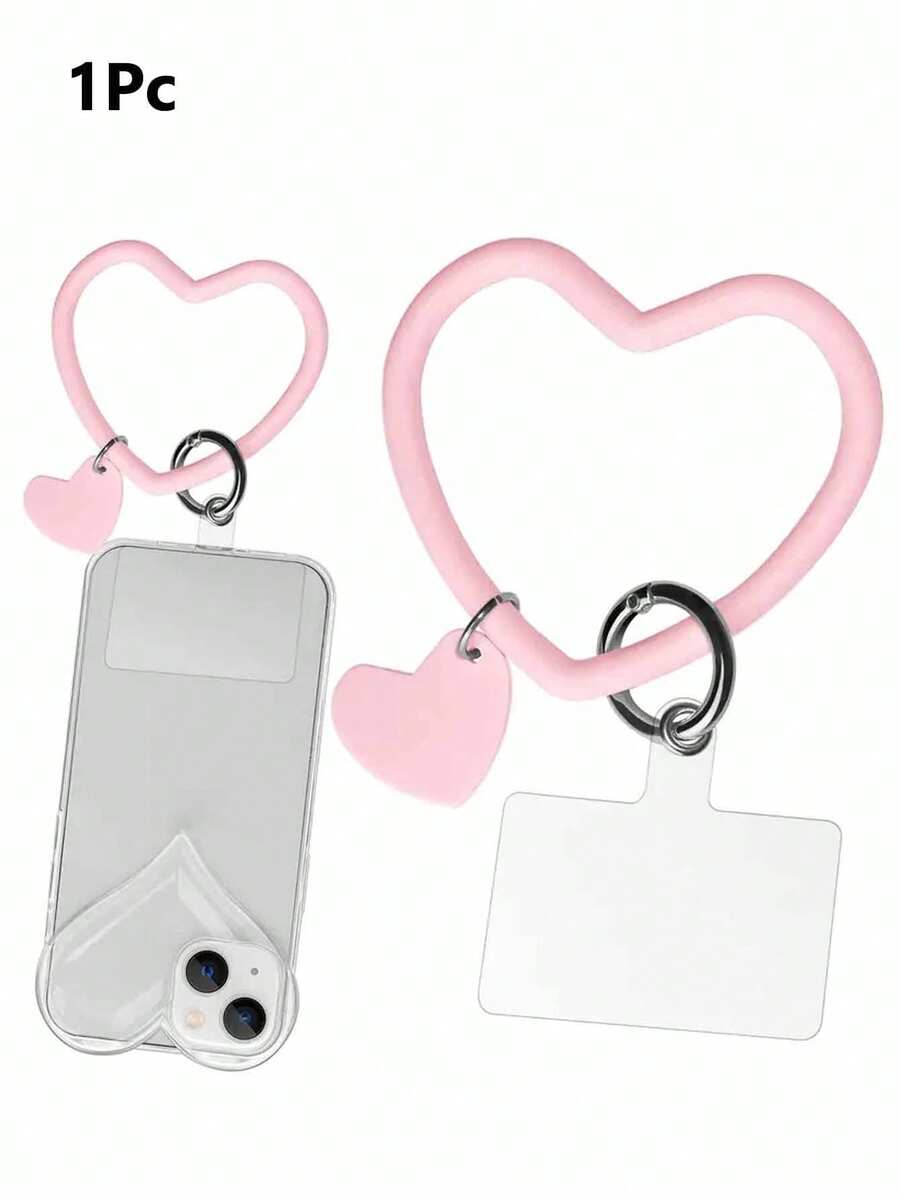 1入組心形設計手機掛繩，帶固定卡的矽膠心形手環手機吊繩，附鑰匙扣，純色柔軟矽膠手機掛繩，通用手機矽膠手環吊繩- 適用於蘋果和安卓智能手機，給朋友和父母的完美禮物 - 粉色 - 查看 1