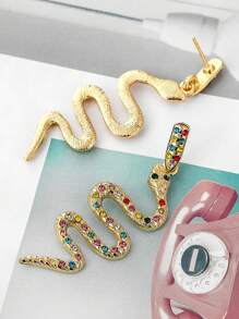1對復古歐美風格多色鑽石蛇形設計耳環,女性日常使用 - 金黃色 - 查看 3