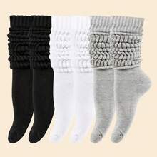 3 Pairs Girl's Calf Socks Set, Plus Size Solid Scrunch Knitted Soft & Breathable Mid-Calf Socks For 0XL-2XL - Multicolor - View 1