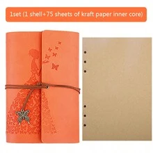 1set Creative Japanese & Korean Style A6 Notebook With Skirt Girl & Butterfly Pendant, Ring Binder, Planner, Vintage Stationery Leather Cover Blank Loose-Leaf Inner Pages - Orange - View 1