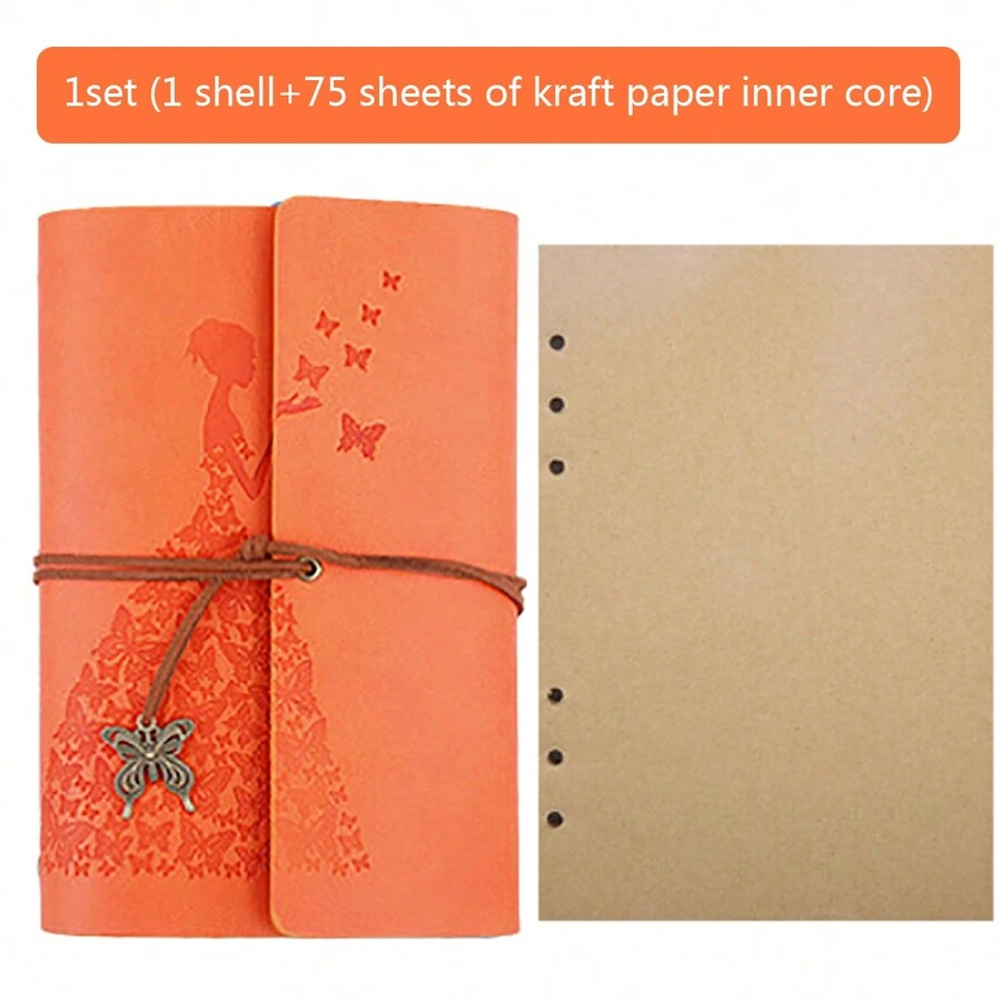 1set Creative Japanese & Korean Style A6 Notebook With Skirt Girl & Butterfly Pendant, Ring Binder, Planner, Vintage Stationery Leather Cover Blank Loose-Leaf Inner Pages - Orange - View 1