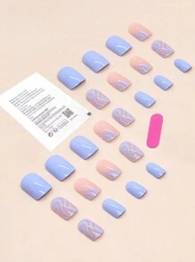 24pcs/Set Short Square Stripe Pattern False Nails With 1pc Nail File And 1pc Jelly Gel Press On Nails Nail Supplies