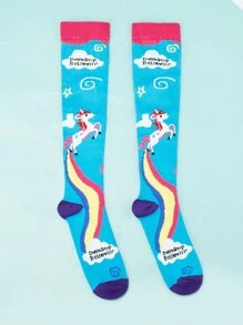 1pair Women'S Fashionable Unicorn Design Compression Socks, Ideal For Sports And Cycling, Can Help Prevent Varicose Veins. - Baby Blue - View 3