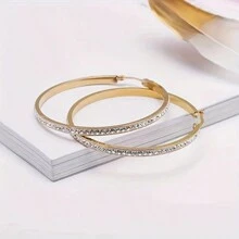 1 Pair Of Fashionable And Versatile Stainless Steel  Round Large Earrings, Personalized And Slimming For Daily Wear, Suitable For Both Men And Women - 1 Pair Of Gold and White Diamond Earrings 40mm - View 6