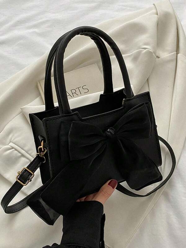1 pieza Mini bolso cuadrado de mano decorado con moño negro, regalo perfecto para el Día de San Valentín para ella, bolso con moño para mujeres, la mejor opción de regalo de San Valentín