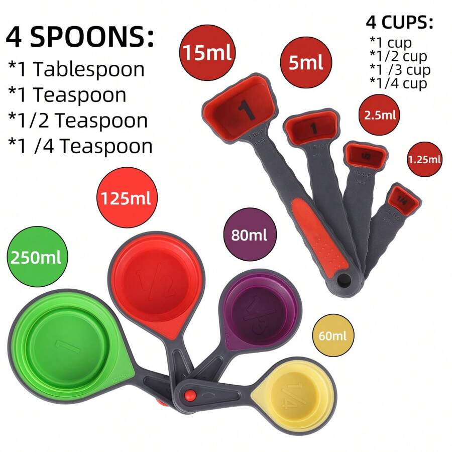8pcs,Measuring Cups And Spoons Set, Collapsible Measuring Cups,Accurate Tablespoon For Measuring Ingredient, Used In Liquid And Dry Measure, Do Not Contain BPA,Kitchen Gadgets For Cooking And Baking - Multiple Colors - View 1