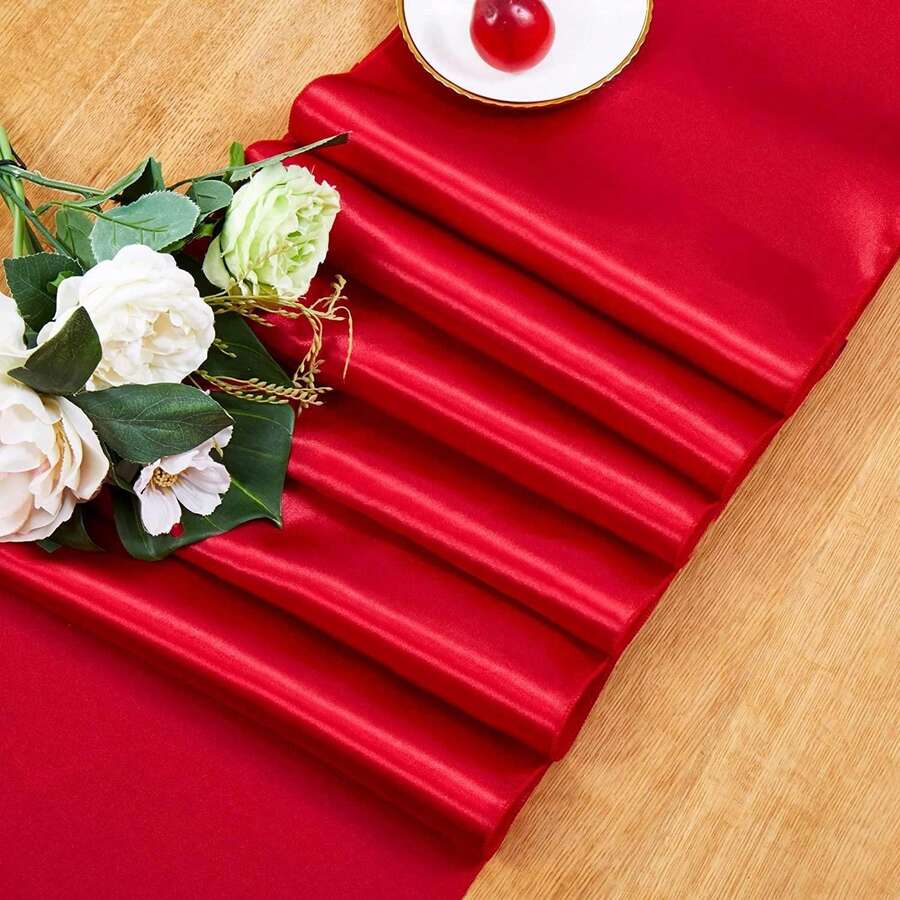 1pc 11*108 Inch Red Satin Table Runner, Stain And Wrinkle Resistant, Perfect For Holidays, Weddings, Graduations, Parties, Banquets - Red - View 1