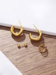 4入組c形幾何造型女士耳環,日常通勤配飾,小眾銅質珠寶 - 金黃色 - 查看 3