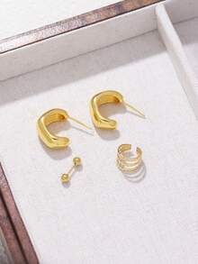 4入組c形幾何造型女士耳環,日常通勤配飾,小眾銅質珠寶 - 金黃色 - 查看 2