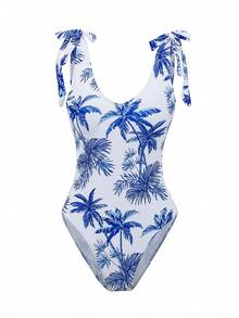 Women's Coconut Tree Print One Piece Swimsuit Set Summer