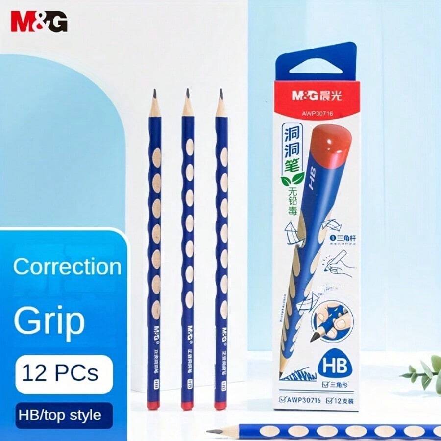 chenguang M&g寫字鉛筆hb孔式鉛筆12入學生練習鉛筆姿勢矯正容易握三角形木質桿鉛筆awp30716 - 藍色 - 查看 1