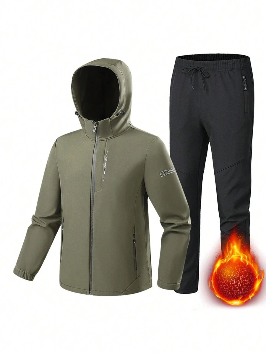 Men's Windproof Breathable Thermal Lined Sports Jacket And Pants Set, Athletic Suit, Tracksuit - Army Green - View 1
