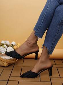 Women's High Heels, New Style Pointed Thick-Heeled Slippers For Outdoor & Casual Occasions - Black - View 1