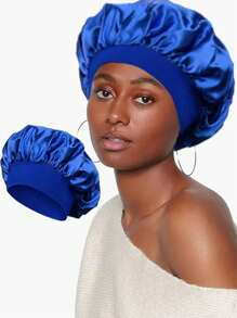 1pc Women's Satin Solid Color Sleep Cap Night Sleeping Hat Hair Care Cap Unisex Cap Back To School - Royal Blue - View 3