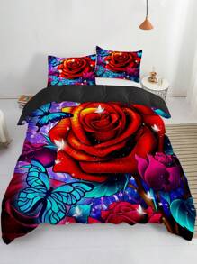 3 Rose Butterfly Duvet Set (1 * Duvet Set +2 * Pillowcase, No Core), Butterfly Bedding Set, Suitable For Home Bedroom - Multicolor - View 6