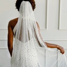 1入組手工製作單層新娘頭紗，帶有珍珠和珠繡裝飾