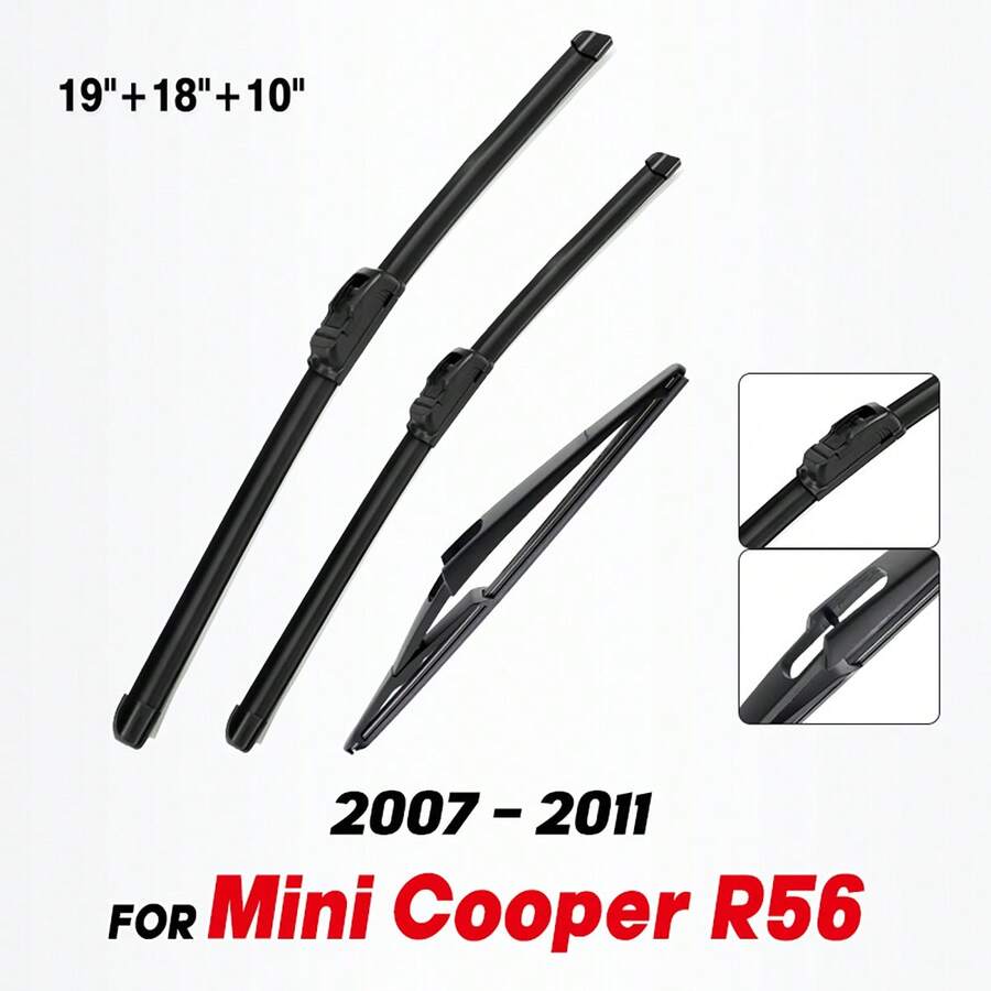 Mini Cooper R56車型2007-2011年款前後雨刷套裝及引擎蓋20,3英寸。適配:mini Cooper R56 2007-2011年款,mini Mini R56 2007-2011年款,不適用於使用工廠aero雨刷的2012至2014 Mini,適用於左方向駕駛和右方向駕駛。尺寸:19英寸+18英寸+10英寸;狀態:100%全新未使用(在運輸前檢查質量);組成:2pcs雨刷片+1pc後雨刷片;材料:高級天然橡膠保證最大性能;特點:定制合適,可直接替換舊產品,清潔約為100萬次。溫度容忍度:+158f至-40f(+70c至-40c);緊張度記憶可將壓力均勻地施加在整個刮水條長度上;特別混合的橡膠可以提供最終的平滑、清潔、無噪音擦拭,空氣動力學設計能顯著降低阻力、噪音和風力升力,並防止金屬/塑膠零件暴露在冰雪中造成積雪 - 黑色 - 查看 1