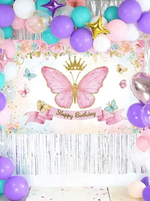 1 件粉色蝴蝶花生日涤纶横幅，带有“生日快乐”，背景布完美装饰生日派对、生日成人仪式淋浴家庭节日派对房间墙壁装饰、户外派对围栏装饰 - 彩色 - 查看 8