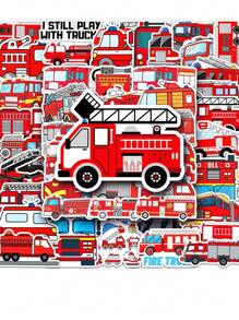 50 件消防車塗鴉防水貼紙、卡通規劃貼紙、diy 滑板行李箱貼紙