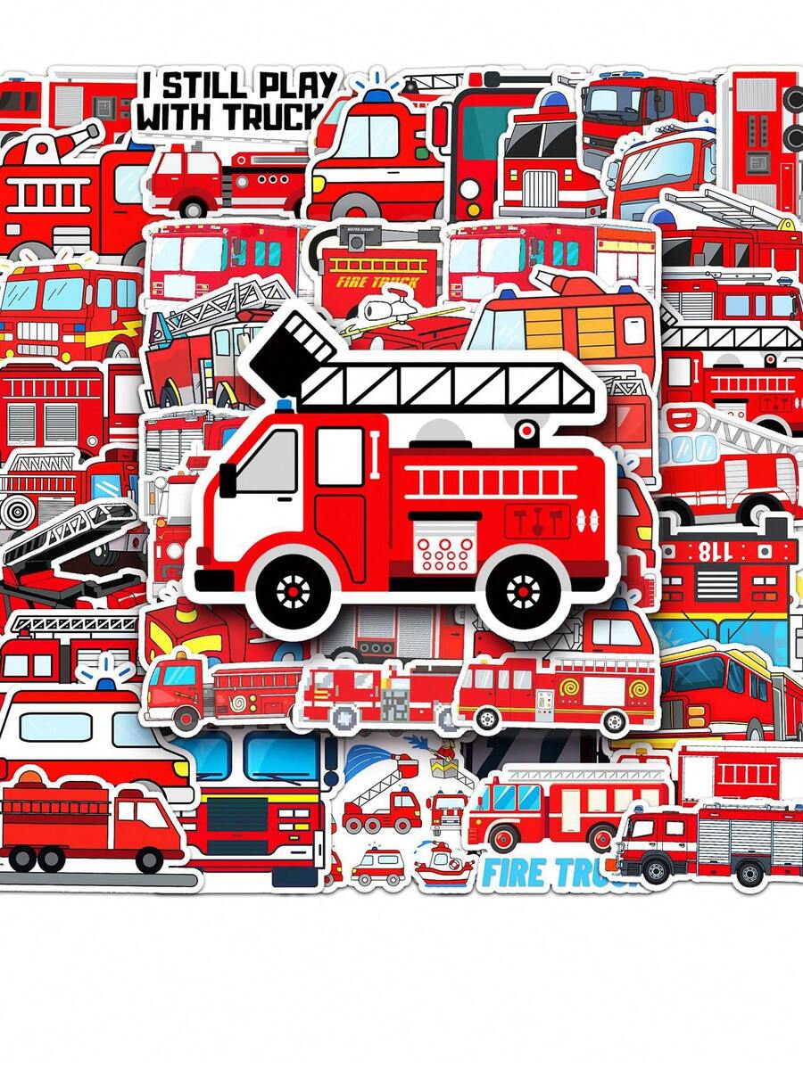 50 件消防車塗鴉防水貼紙、卡通規劃貼紙、diy 滑板行李箱貼紙