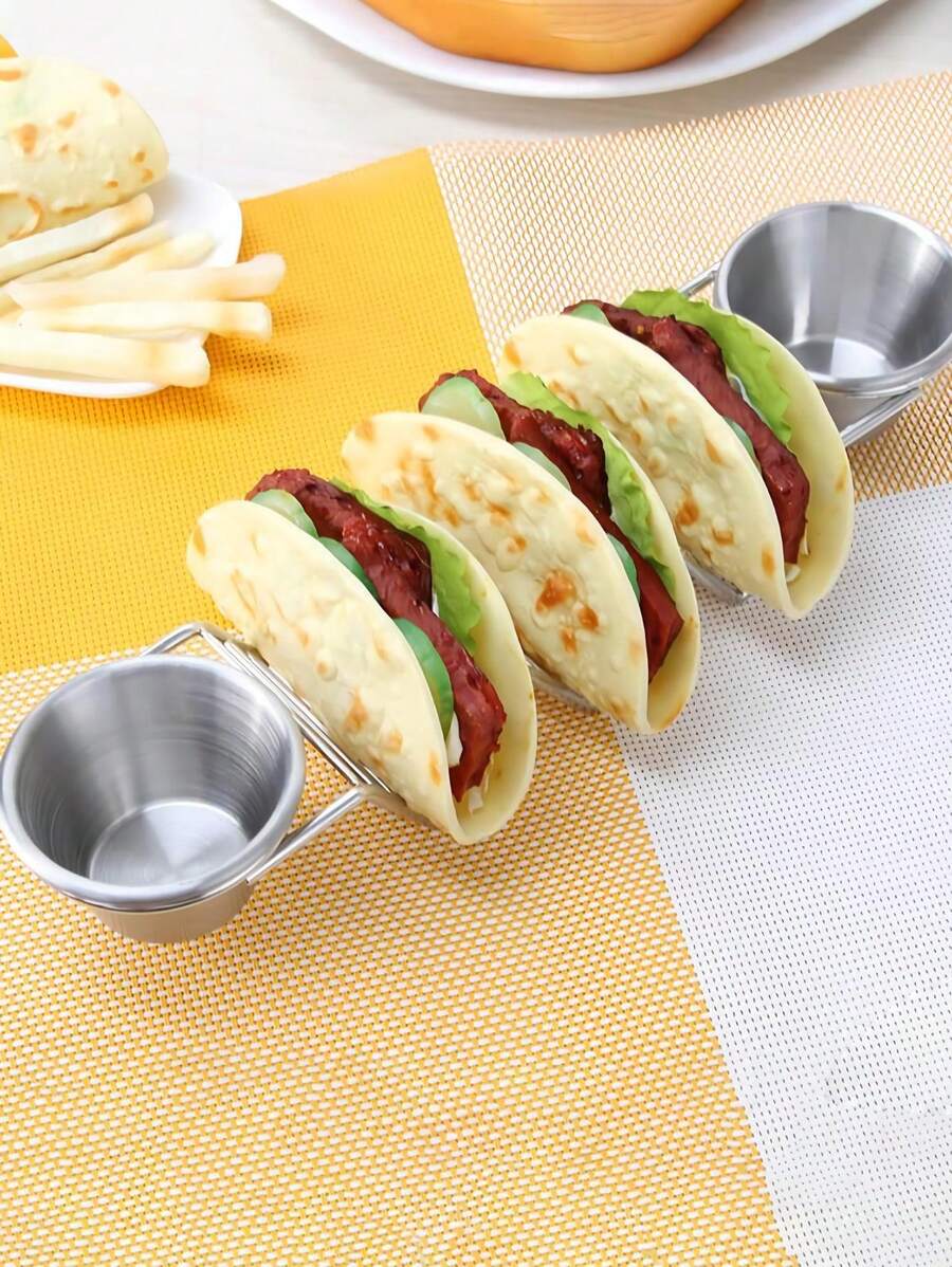 Mosodo Mexican Restaurant Stainless Steel Pancake Rack Taco Holder Pizza Display Stand Spring Roll Food Rack Kitchen ToolsTacoHolderStand Double Cup Food Rack - Silver - View 1