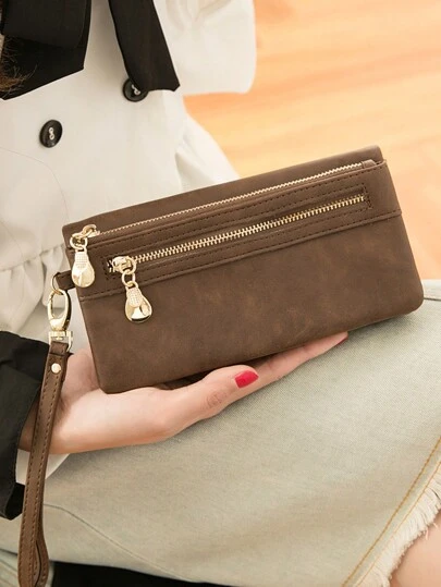 MIYIN Vintage damarmbandsplånbok, minimalistisk bifold plånbok i konstläder med stor kapacitet, dragkedja, kortfack och ID-fönster, damkuvertväska med plats för kreditkort/ID/kontanter/körkort/checkhäfte/kvitton/telefon, lämplig för dagligt bruk (kaffefärg), affärsmässig stil, damplånbok, lång plånbok, armband.