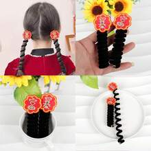 2入組新年風格毛絨螺旋髮圈，適用於兒童，傳統頭飾 - 黑色 - 查看 2