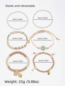 6pcs/Set Bohemian Style Coffee Tone Multi-Layer Elastic Bracelet With Heart Pendant - Coffee - View 4
