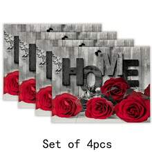 4入組浪漫紅玫瑰家居紋理餐墊,廚房耐熱用餐墊,對夫婦有意義的祝福,適用於任何季節和情人節 - 紅色 - 查看 6