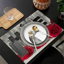 4入組浪漫紅玫瑰家居紋理餐墊,廚房耐熱用餐墊,對夫婦有意義的祝福,適用於任何季節和情人節 - 紅色 - 查看 7