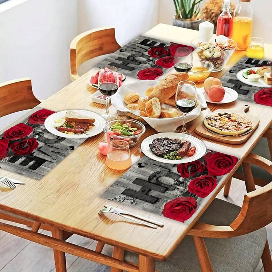 4入組浪漫紅玫瑰家居紋理餐墊,廚房耐熱用餐墊,對夫婦有意義的祝福,適用於任何季節和情人節 - 紅色 - 查看 1