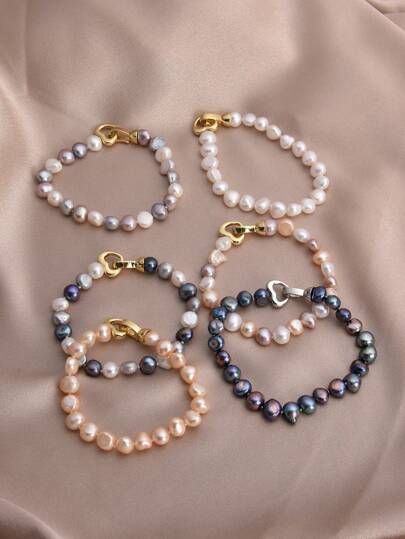 1 件天然珍珠心形扣女士手链，适合日常/派对佩戴、情人节、生日礼物、妈妈、母亲、母亲节、礼物