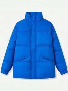 Men's Thickened Outdoor Down Jacket, Featuring Letter Pattern, Zip-Up, Stand Collar Design - Blue - View 1