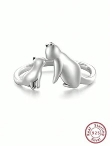 925 Sterling Silver 1pc Kissing Cats Pattern Cuff Ring For Girls Cute Animals Pets Ring Adjustable Open Ring Accessories, Ideal Choice For Children Gifts - Silver - View 1