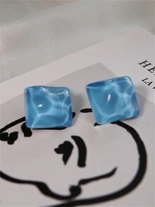 Geometric Square Shaped Water Ripple Blue Stud Earrings, Clip On, No Piercing, Cool & High-End - Blue - View 4