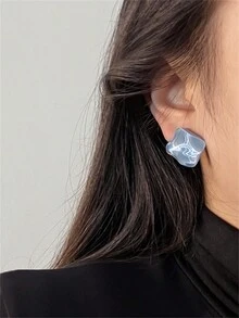 Geometric Square Shaped Water Ripple Blue Stud Earrings, Clip On, No Piercing, Cool & High-End - Blue - View 1