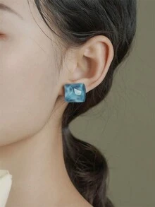 Geometric Square Shaped Water Ripple Blue Stud Earrings, Clip On, No Piercing, Cool & High-End - Blue - View 2