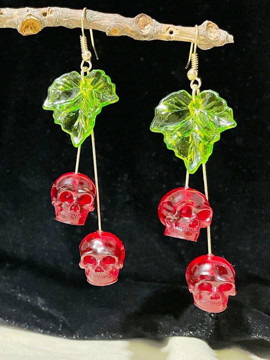 1pair Personalized Skull And Leaf Dangle Earrings - Multicolor - View 1