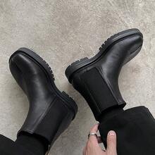 Chic & High-End Chelsea Boots With Mid-Calf Height, Split Toe & Horseshoe Shaped Decoration, Fashionable And Casual Boots - Black - View 2
