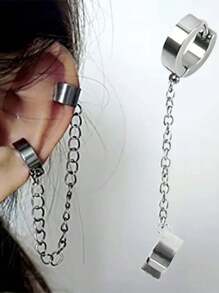 1件不锈钢双环耳环/耳夹，朋克银色耳骨夹，钛金属圆形耳环，嘻哈装饰 - 銀色 - 查看 3