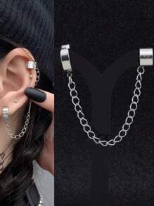 1件不锈钢双环耳环/耳夹，朋克银色耳骨夹，钛金属圆形耳环，嘻哈装饰 - 銀色 - 查看 9