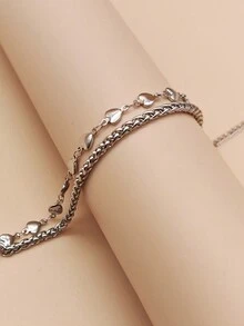1pc Women's Stainless Steel Fashionable Double-Layered Heart Bracelet - Silver - View 2