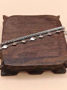 1pc Women's Stainless Steel Fashionable Double-Layered Heart Bracelet - Silver - View 3